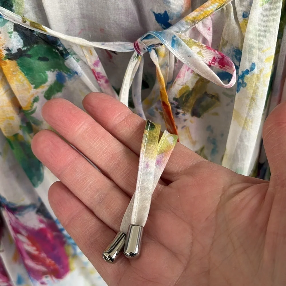 NWT Karen Kane Bright & Beachy Peasant Top White Floral Petite Small